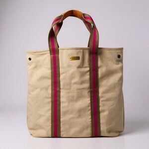 Eddie Bauer Tote Bag Beige With Pink Straps Logo Tons Of Pockets Preppy Coastal